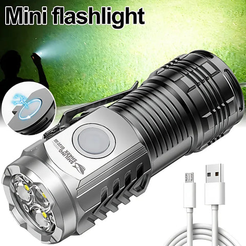 Mini Powerful LED Flashlight USB Rechargeable Strong Light Torch with Three Eye Flashlight Portable Camping Fishing Lantern